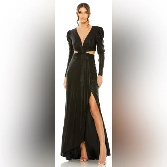 Mac Duggal | Dresses | Mac Duggal Black Princess Sleeve Cut Out Metallic  Gown Nwt | Poshmark